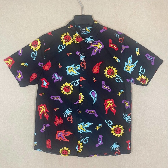 NEFF Flaming Daisy Fireball Button Up Short Sleeve All Over Print Shirt Mens S - Picture 8 of 9